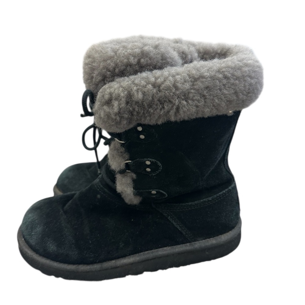 UGG Montclair 1892 Boot Black Suede Gray Shearling Fur Cuff Girls Size‎ 4